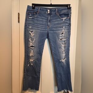American Eagle Super Super Stretch Artist Crop Distressed Blue Jean Size 18